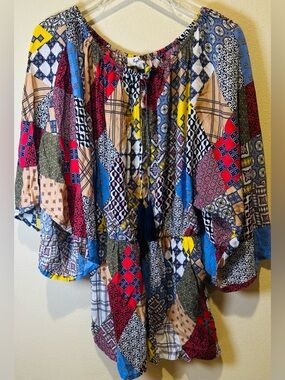 NWT KyeMi Patchwork Boho Romper Multicolor Mixed Print Tassel Tie Womens S Hippy